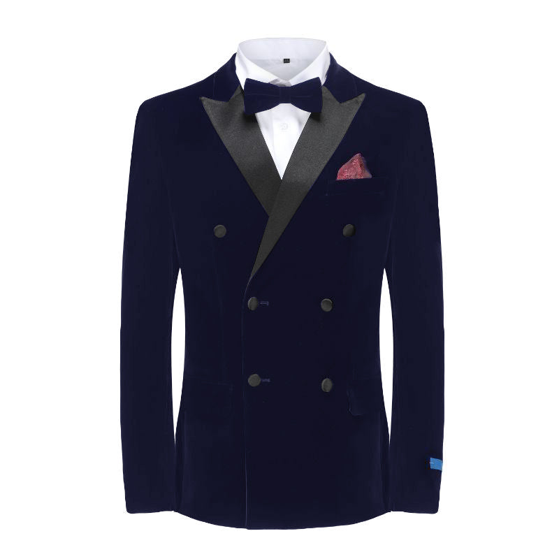 Men's 2-Piece Velvet Birdseye Lapel Double-Breasted Slim-Fit Tuxedo With Performance Stretch Pants( Midnight Blue)