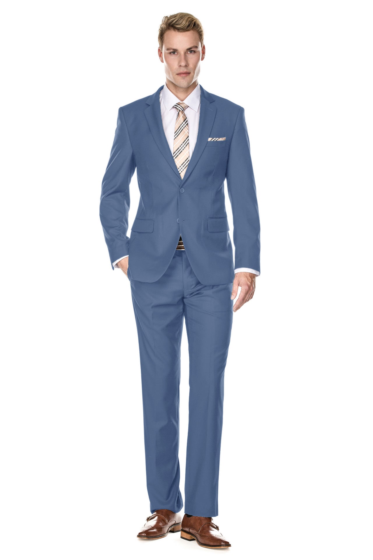 Slim Fit Mens Suit 2 Button Solid Slate Blue Notch Lapel Flat