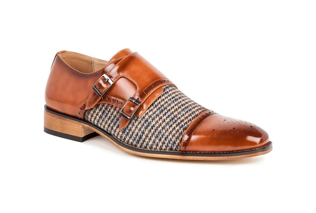 Gino Vitale Double Monk Strap Houndstooth Medallion Cap Toe Dress Shoe