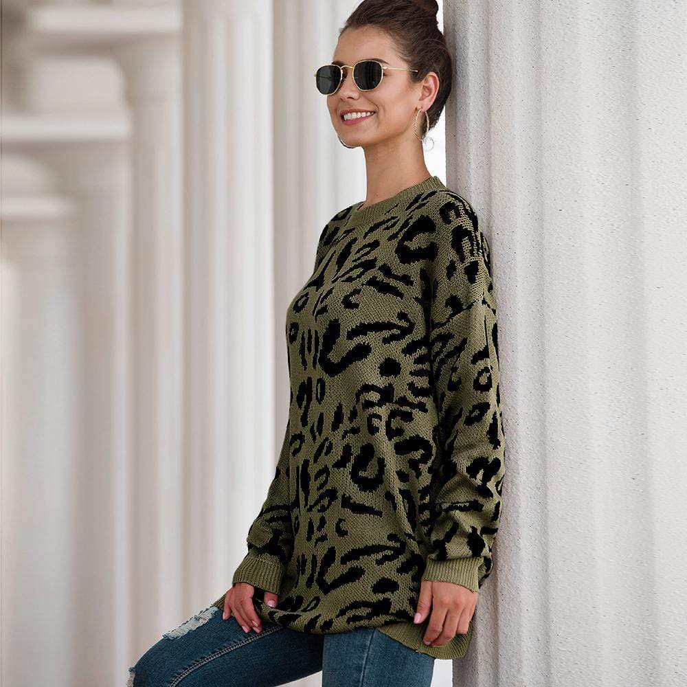 Haute Edition Leopard Print Tunic Length Crew Neck Pullover Thick Knit Sweater   DAILYHAUTE