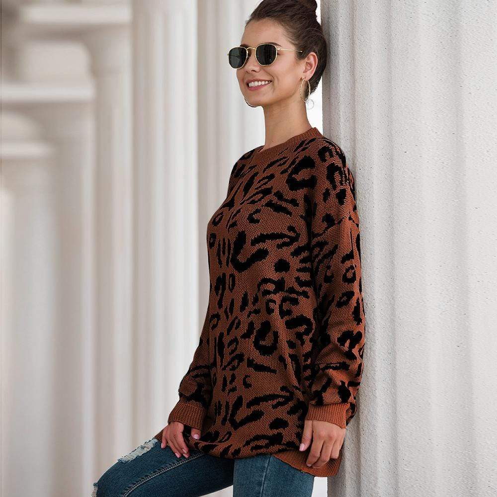 Haute Edition Leopard Print Tunic Length Crew Neck Pullover Thick Knit Sweater   DAILYHAUTE