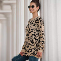 Haute Edition Leopard Print Tunic Length Crew Neck Pullover Thick Knit Sweater   DAILYHAUTE