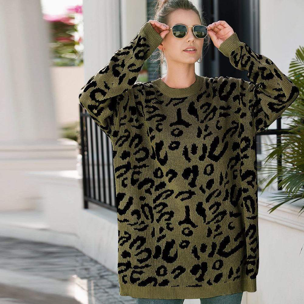 Haute Edition Leopard Print Tunic Length Crew Neck Pullover Thick Knit Sweater   DAILYHAUTE