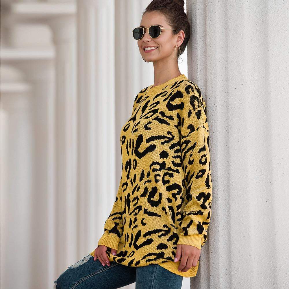 Haute Edition Leopard Print Tunic Length Crew Neck Pullover Thick Knit Sweater   DAILYHAUTE