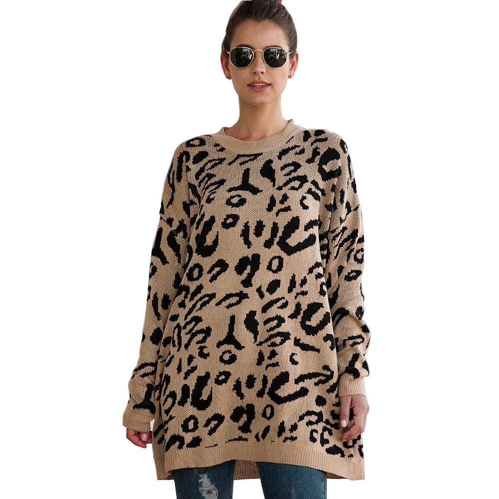 Haute Edition Leopard Print Tunic Length Crew Neck Pullover Thick Knit Sweater   DAILYHAUTE