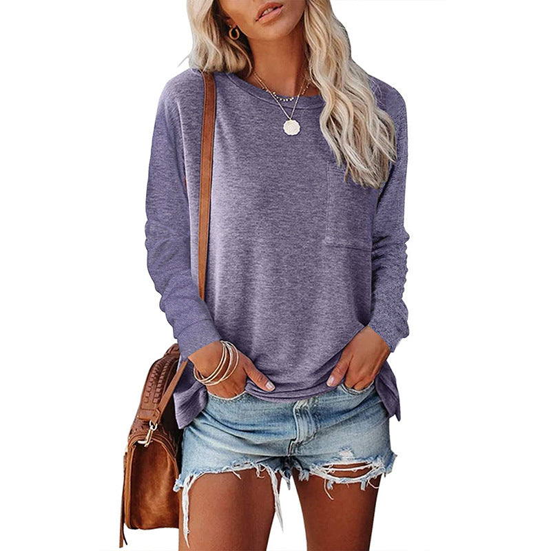 Haute Edition Long Sleeve Heather Round Neck Top with Pocket DAILYHAUTE