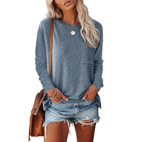 Haute Edition Long Sleeve Heather Round Neck Top with Pocket DAILYHAUTE