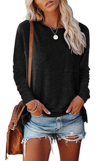 Haute Edition Long Sleeve Heather Round Neck Top with Pocket DAILYHAUTE