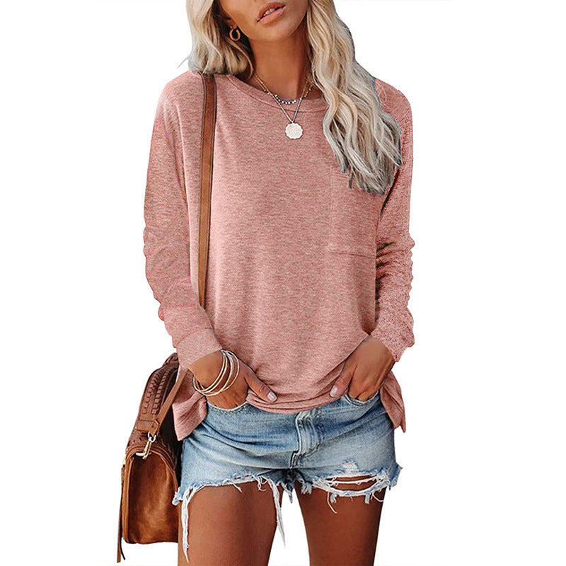 Haute Edition Long Sleeve Heather Round Neck Top with Pocket DAILYHAUTE