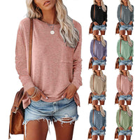 Haute Edition Long Sleeve Heather Round Neck Top with Pocket DAILYHAUTE