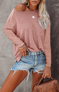 Haute Edition Long Sleeve Heather Round Neck Top with Pocket DAILYHAUTE