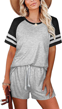 Haute Edition Raglan Contrast Striped Pajama Lounge Short Two Piece Set  DAILYHAUTE