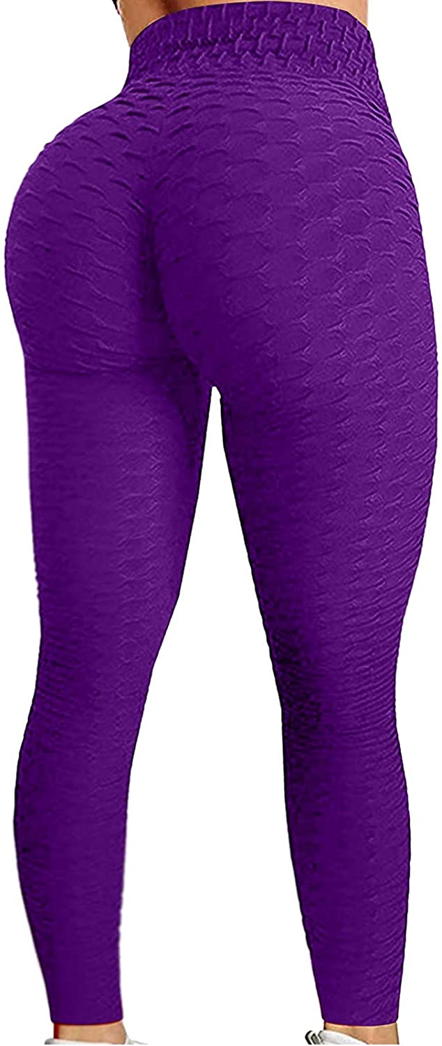 SEASUM Women's High Waist Yoga Leggings Tummy Control Butt Lift Tights  Textured Workout Running Pants Purple L 