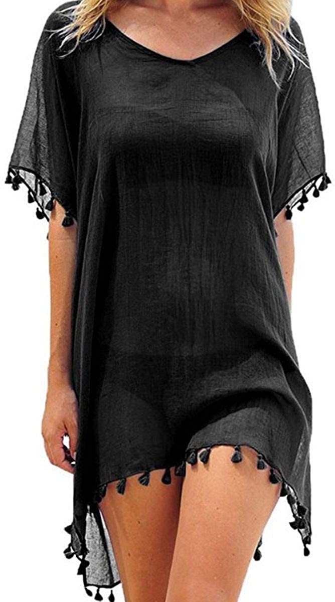 Haute Edition Women's Chiffon Beach Swim Cover Up with Tassels DAILYHAUTE