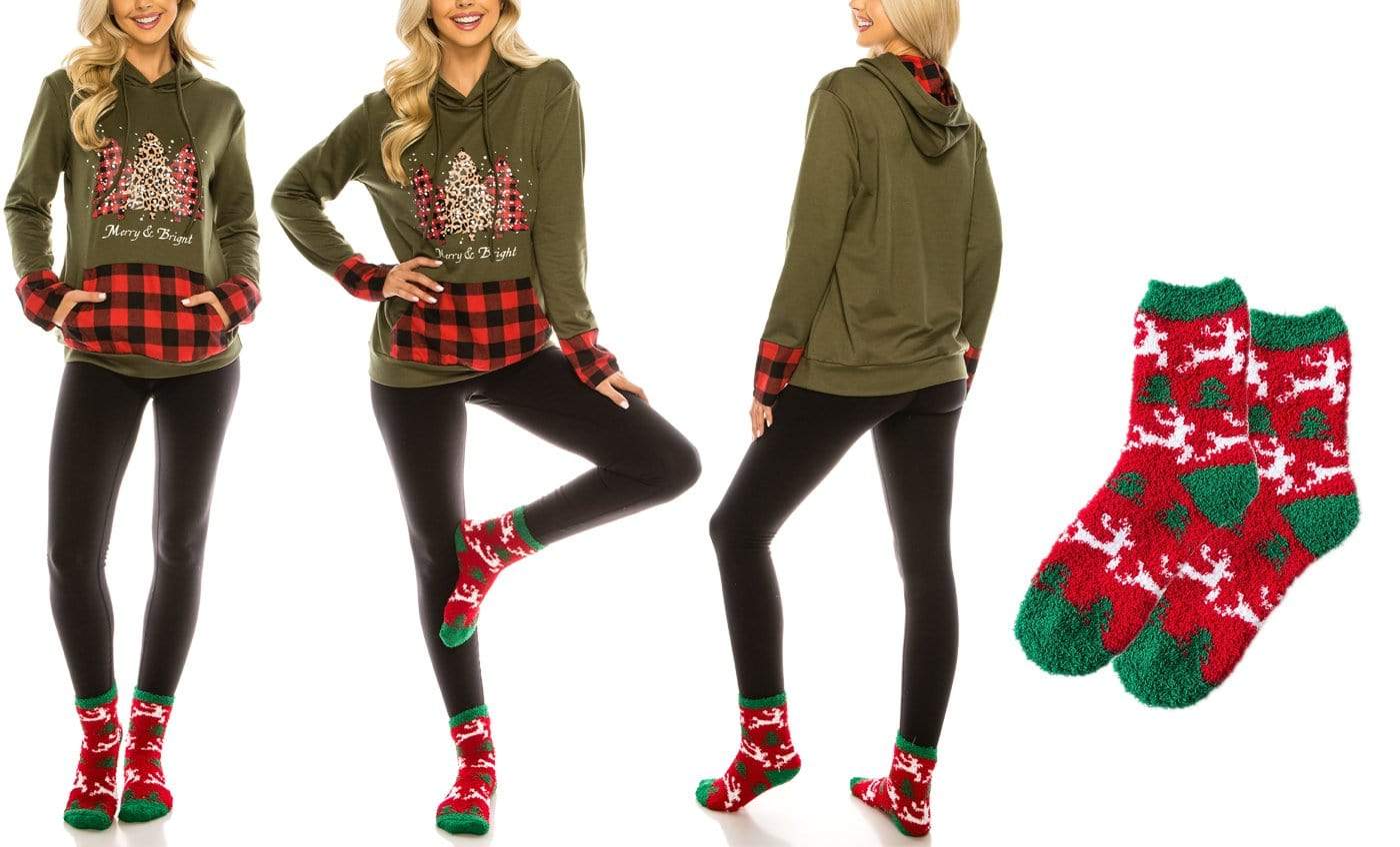 Haute Edition Women's Christmas Buffalo Plaid Hoodie and Fuzzy Sock Gift Set DAILYHAUTE