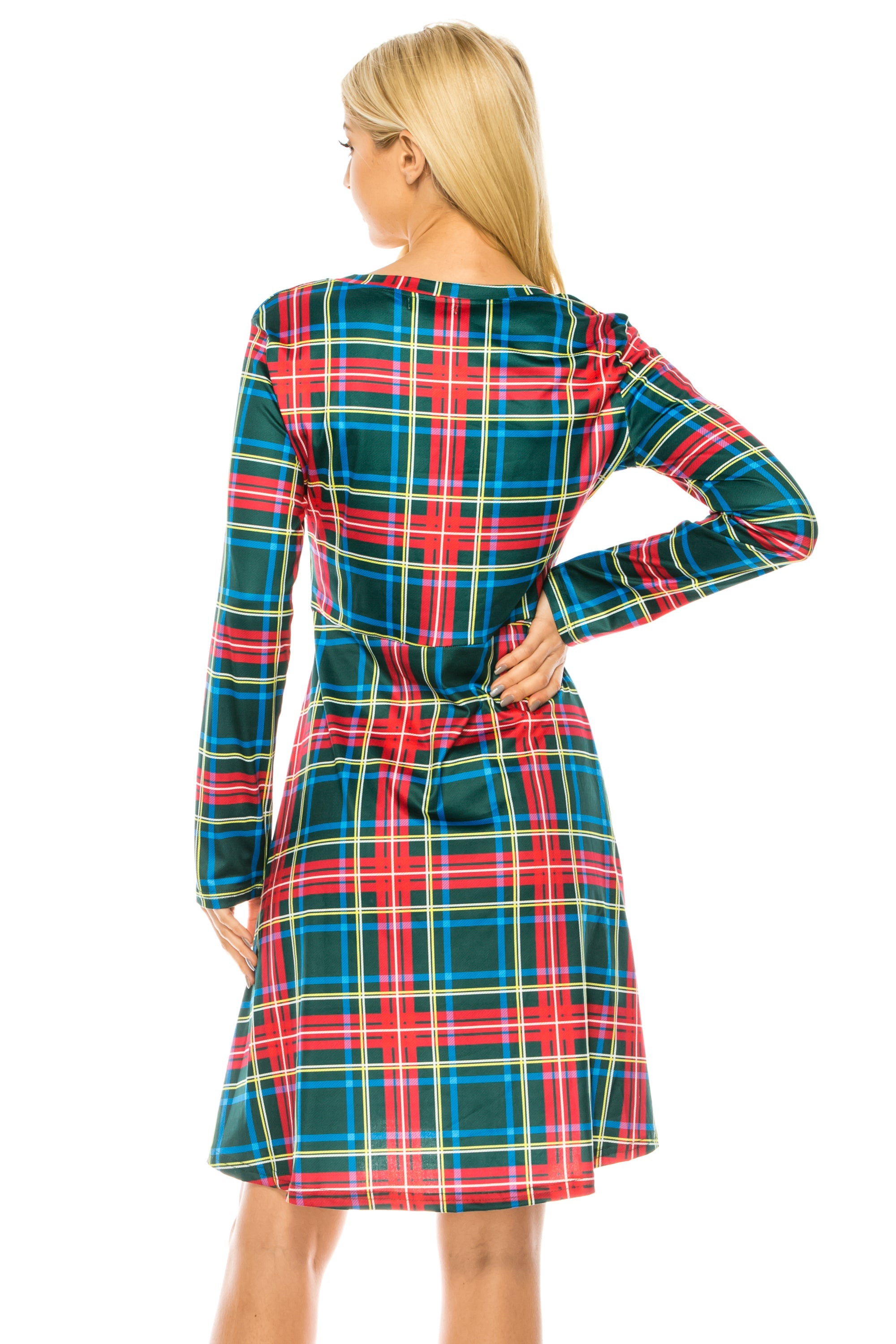 Haute Edition Women's Christmas Plaid & Solid Holiday Long Sleeve Skater Party Dress DAILYHAUTE