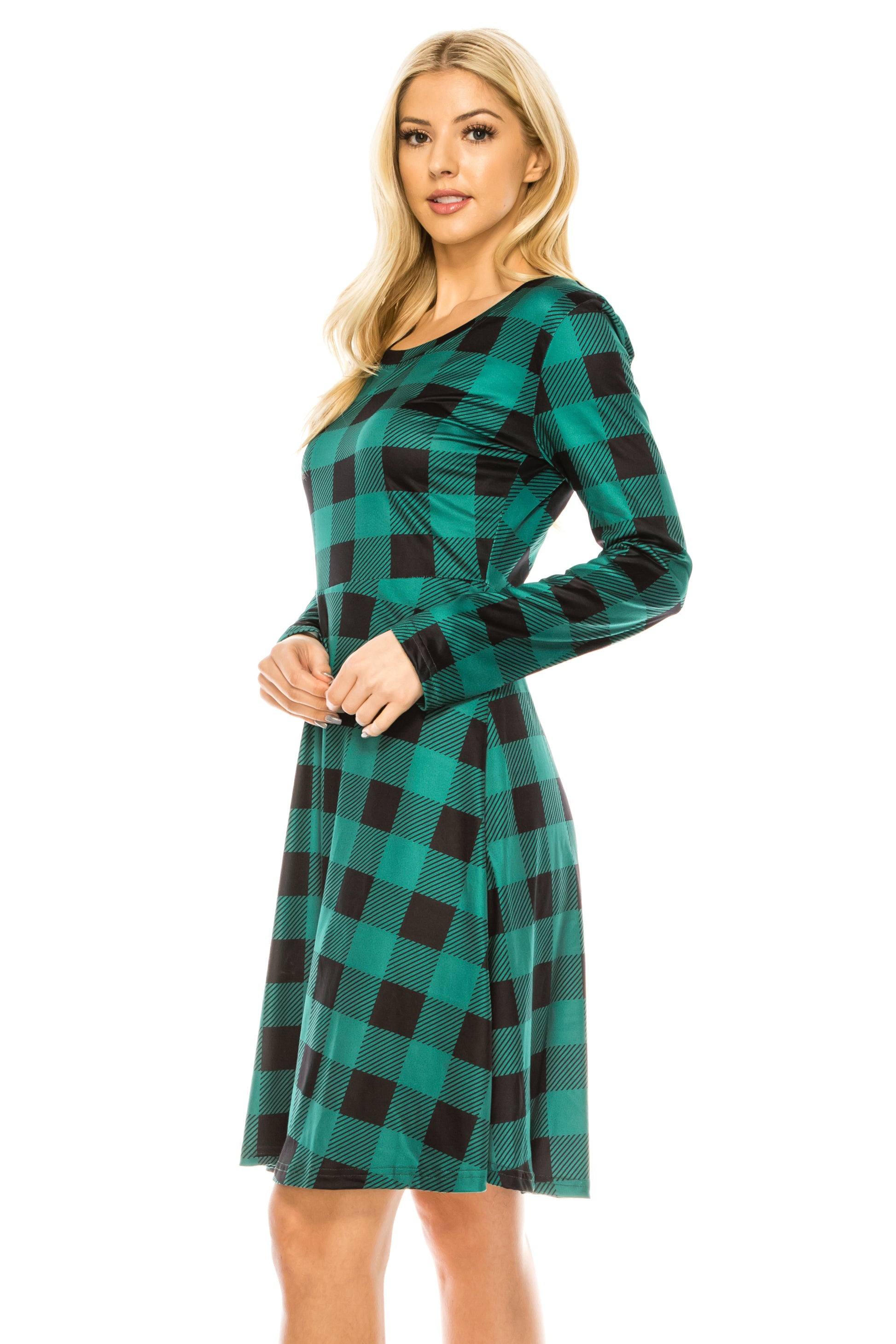 Haute Edition Women's Christmas Plaid & Solid Holiday Long Sleeve Skater Party Dress DAILYHAUTE