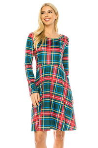 Haute Edition Women's Christmas Plaid & Solid Holiday Long Sleeve Skater Party Dress DAILYHAUTE