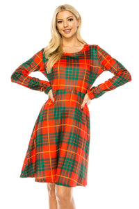 Haute Edition Women's Christmas Plaid & Solid Holiday Long Sleeve Skater Party Dress DAILYHAUTE