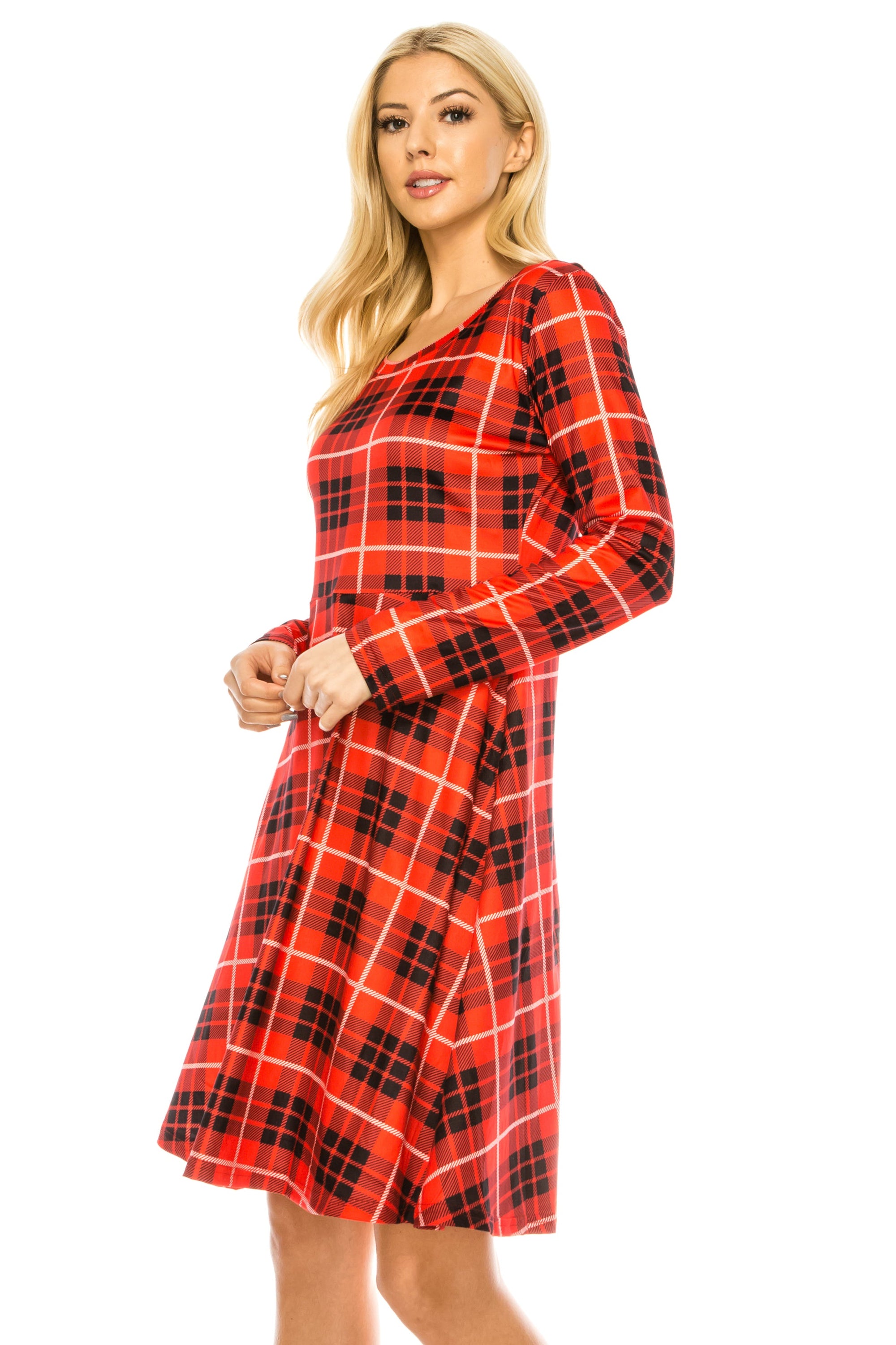 Haute Edition Women's Christmas Plaid & Solid Holiday Long Sleeve Skater Party Dress DAILYHAUTE