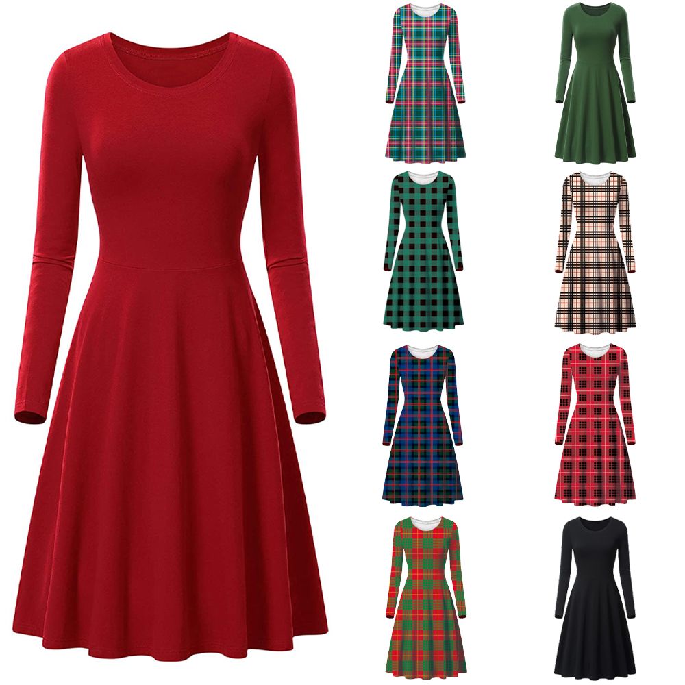 Haute Edition Women's Christmas Plaid & Solid Holiday Long Sleeve Skater Party Dress DAILYHAUTE