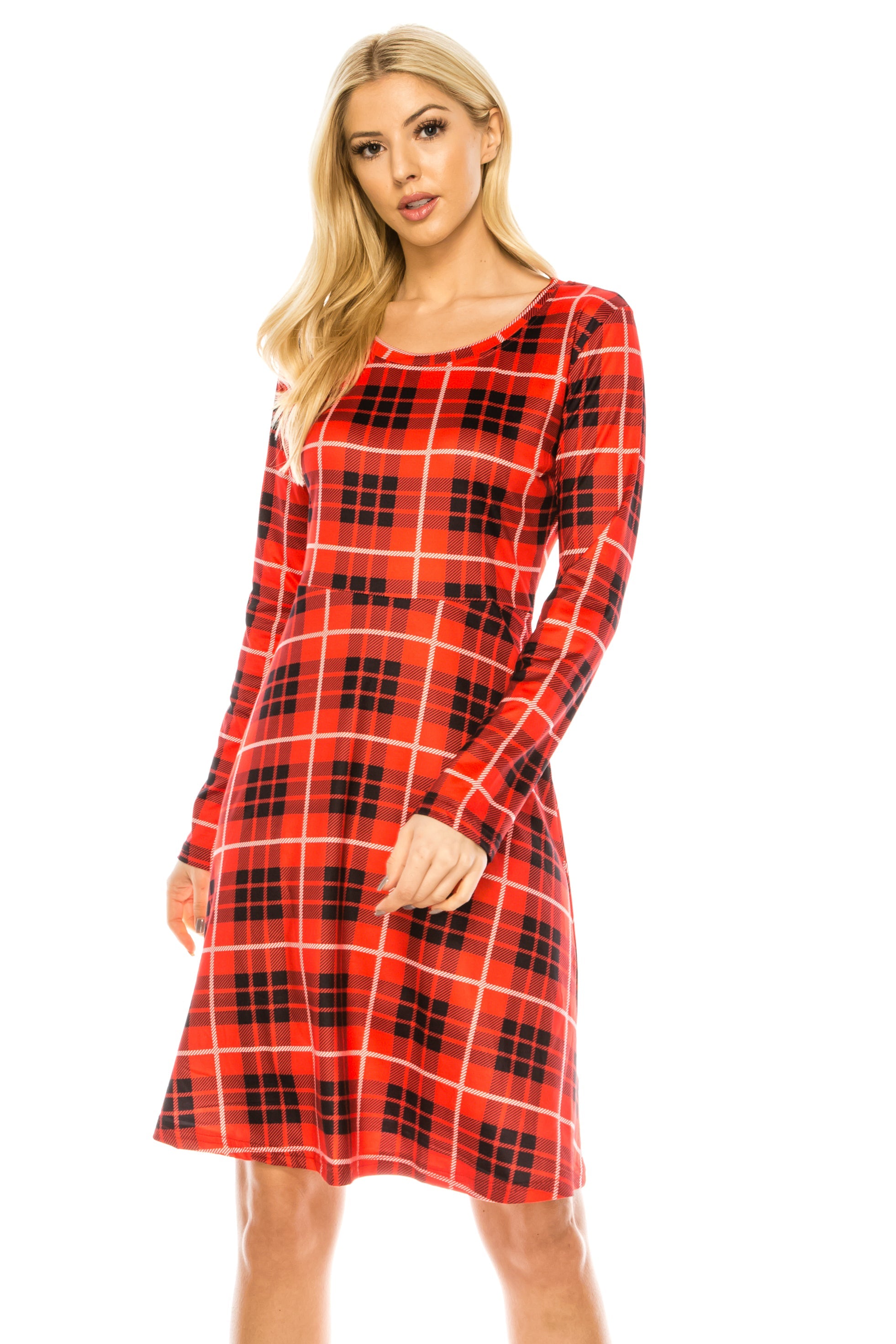 Haute Edition Women's Christmas Plaid & Solid Holiday Long Sleeve Skater Party Dress DAILYHAUTE