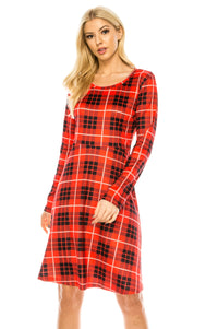 Haute Edition Women's Christmas Plaid & Solid Holiday Long Sleeve Skater Party Dress DAILYHAUTE