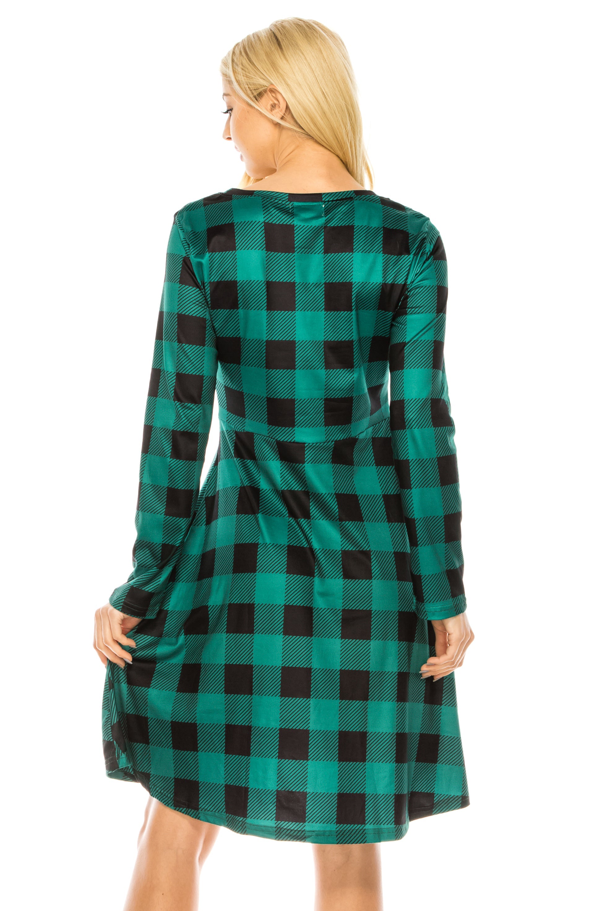 Haute Edition Women's Christmas Plaid & Solid Holiday Long Sleeve Skater Party Dress DAILYHAUTE