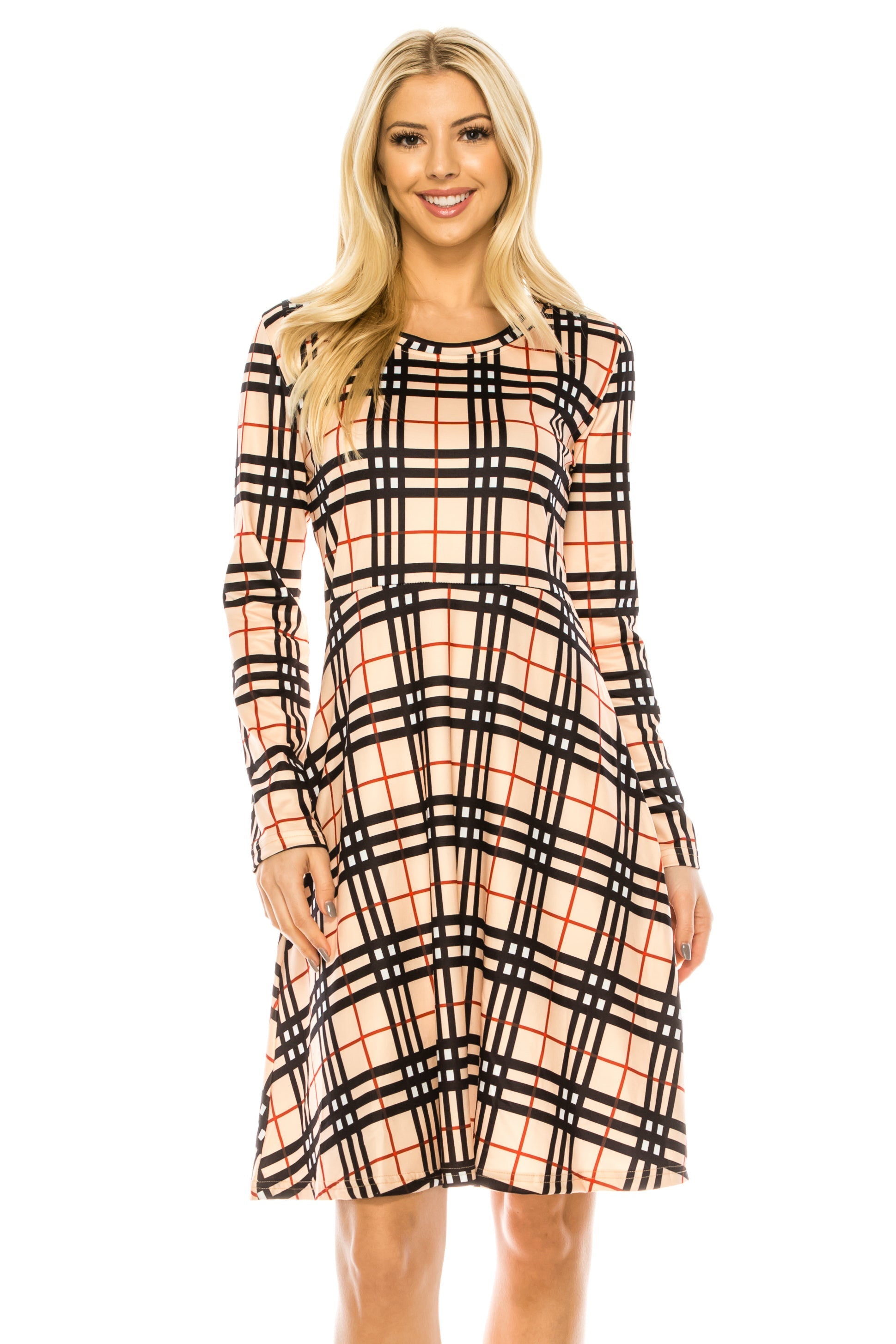 Haute Edition Women's Christmas Plaid & Solid Holiday Long Sleeve Skater Party Dress DAILYHAUTE