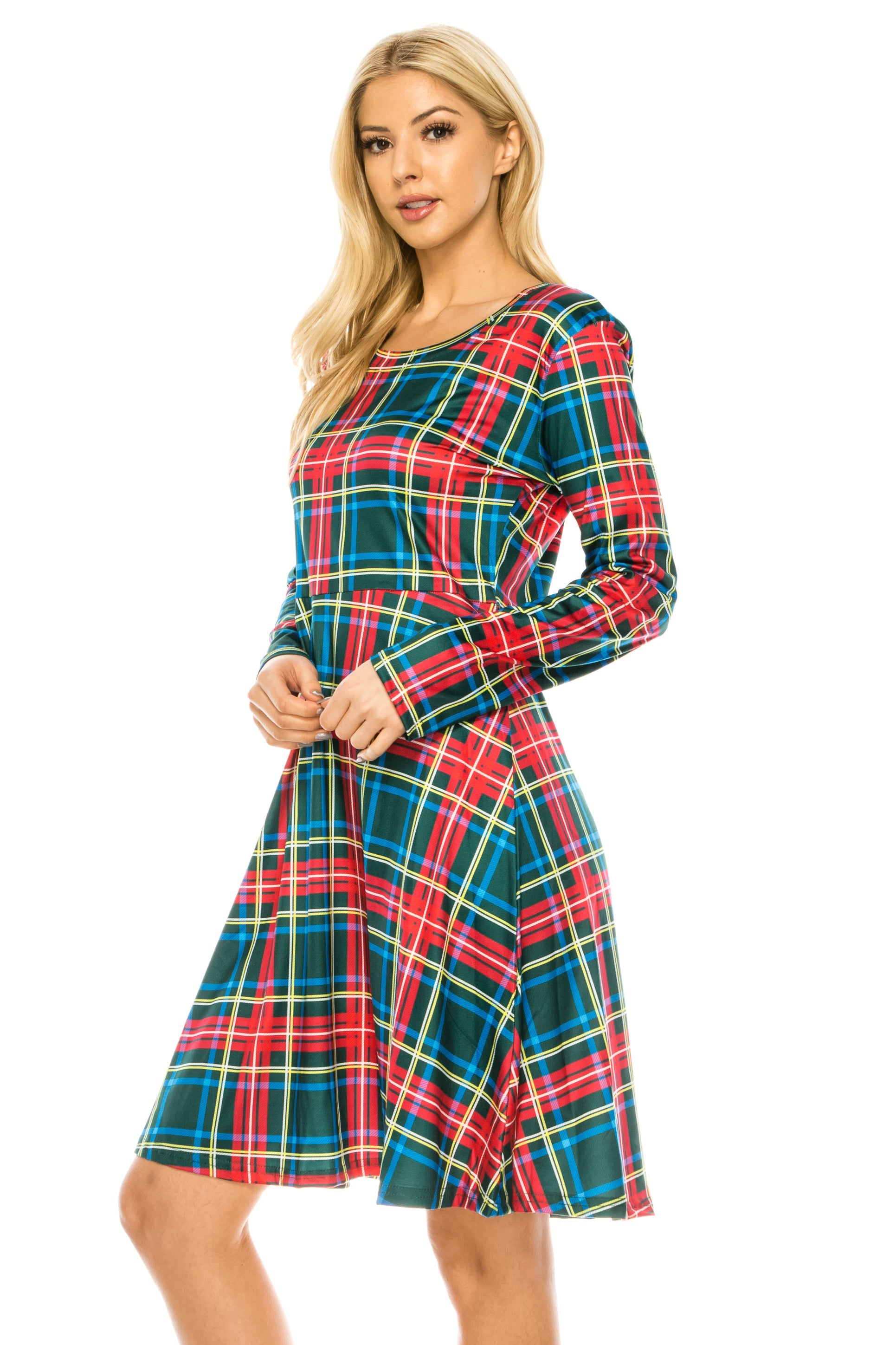 Haute Edition Women's Christmas Plaid & Solid Holiday Long Sleeve Skater Party Dress DAILYHAUTE