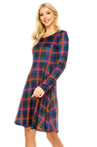 Haute Edition Women's Christmas Plaid & Solid Holiday Long Sleeve Skater Party Dress DAILYHAUTE