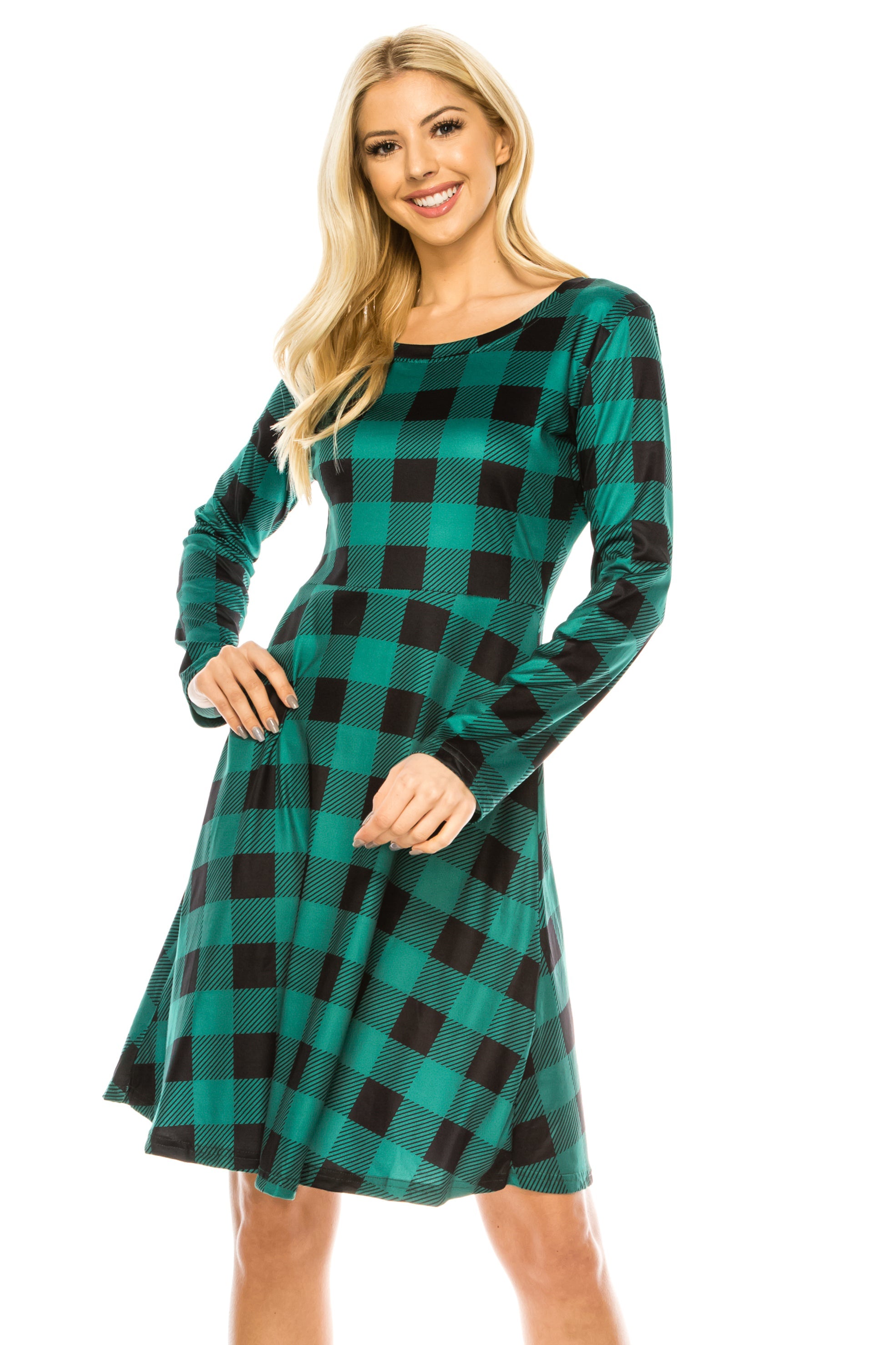 Haute Edition Women's Christmas Plaid & Solid Holiday Long Sleeve Skater Party Dress DAILYHAUTE