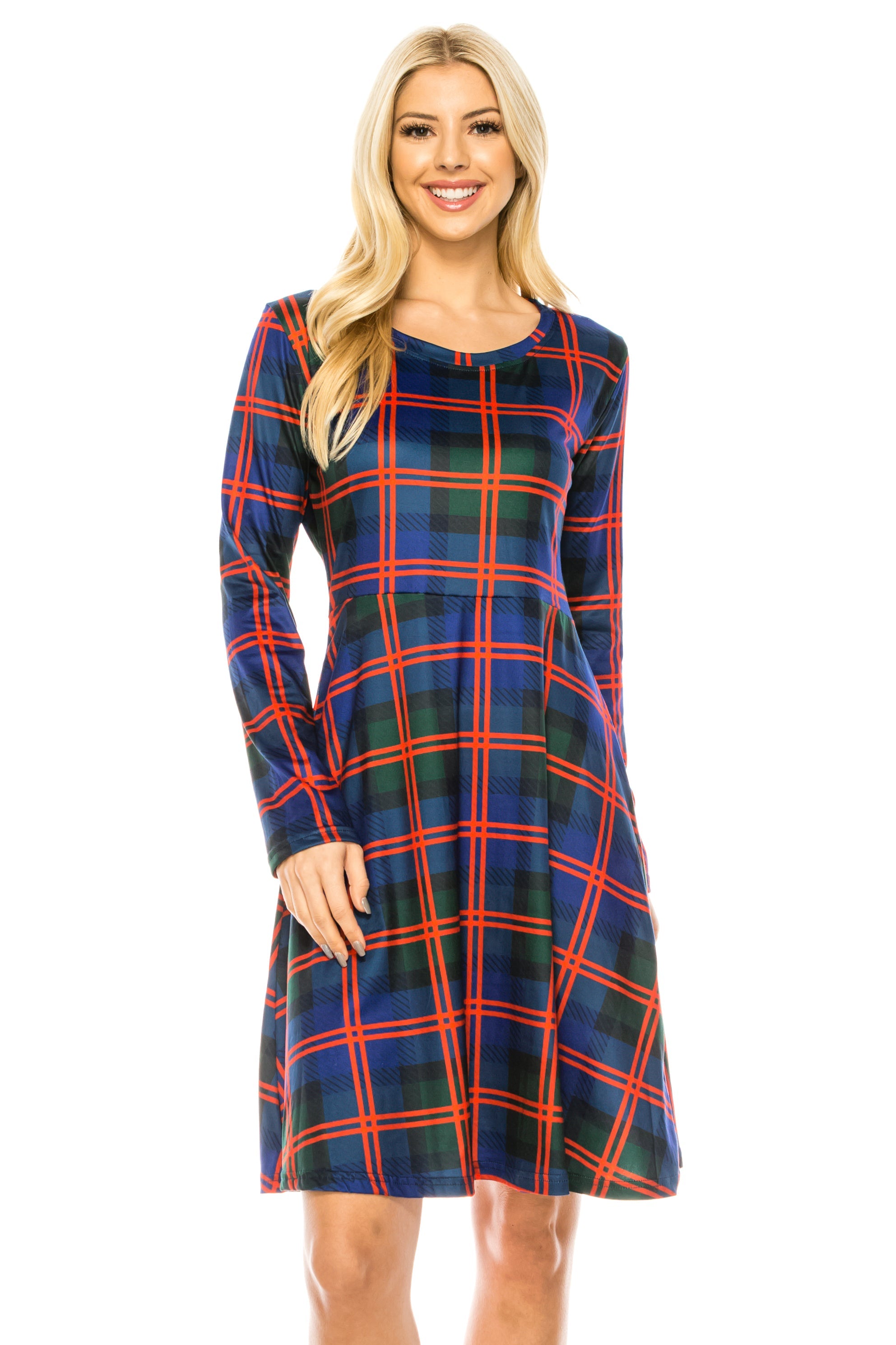 Haute Edition Women's Christmas Plaid & Solid Holiday Long Sleeve Skater Party Dress DAILYHAUTE