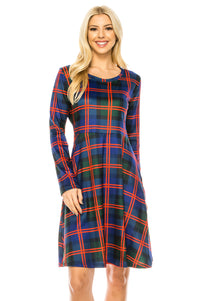 Haute Edition Women's Christmas Plaid & Solid Holiday Long Sleeve Skater Party Dress DAILYHAUTE