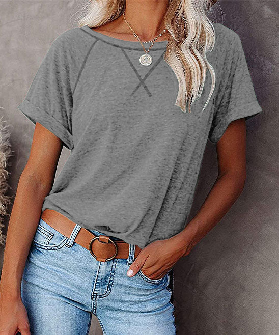 Haute Edition Women's Cross Stitch Contrast Raglan Short Sleeve Tee DAILYHAUTE