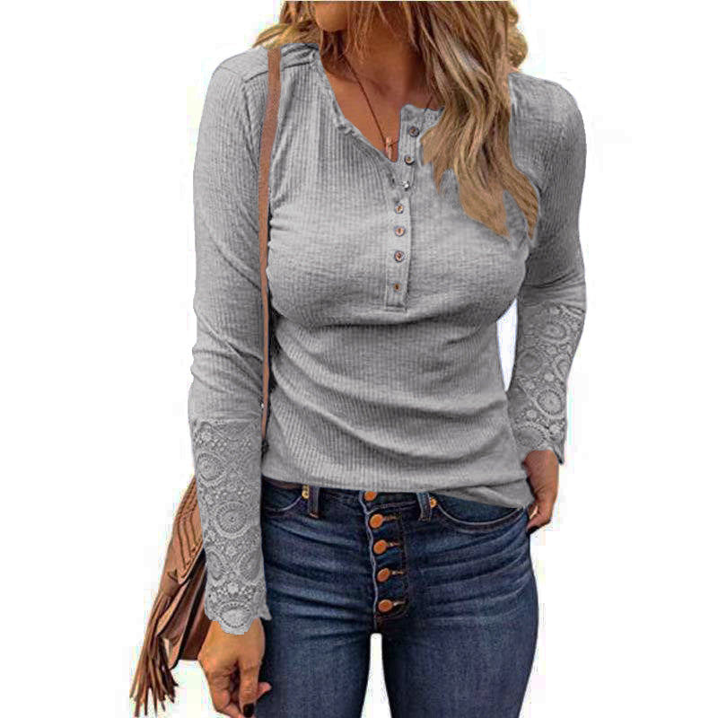 Hollister | gray cropped Henley lace trim top button down chest
