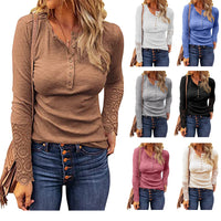 Haute Edition Women's Henley T-Shirt Top with Lace Long Sleeve Daily Haute