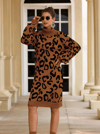 Haute Edition Women's Leopard Print Thick Knit Turtleneck Balloon Sleeve Sweater Dress Daily Haute