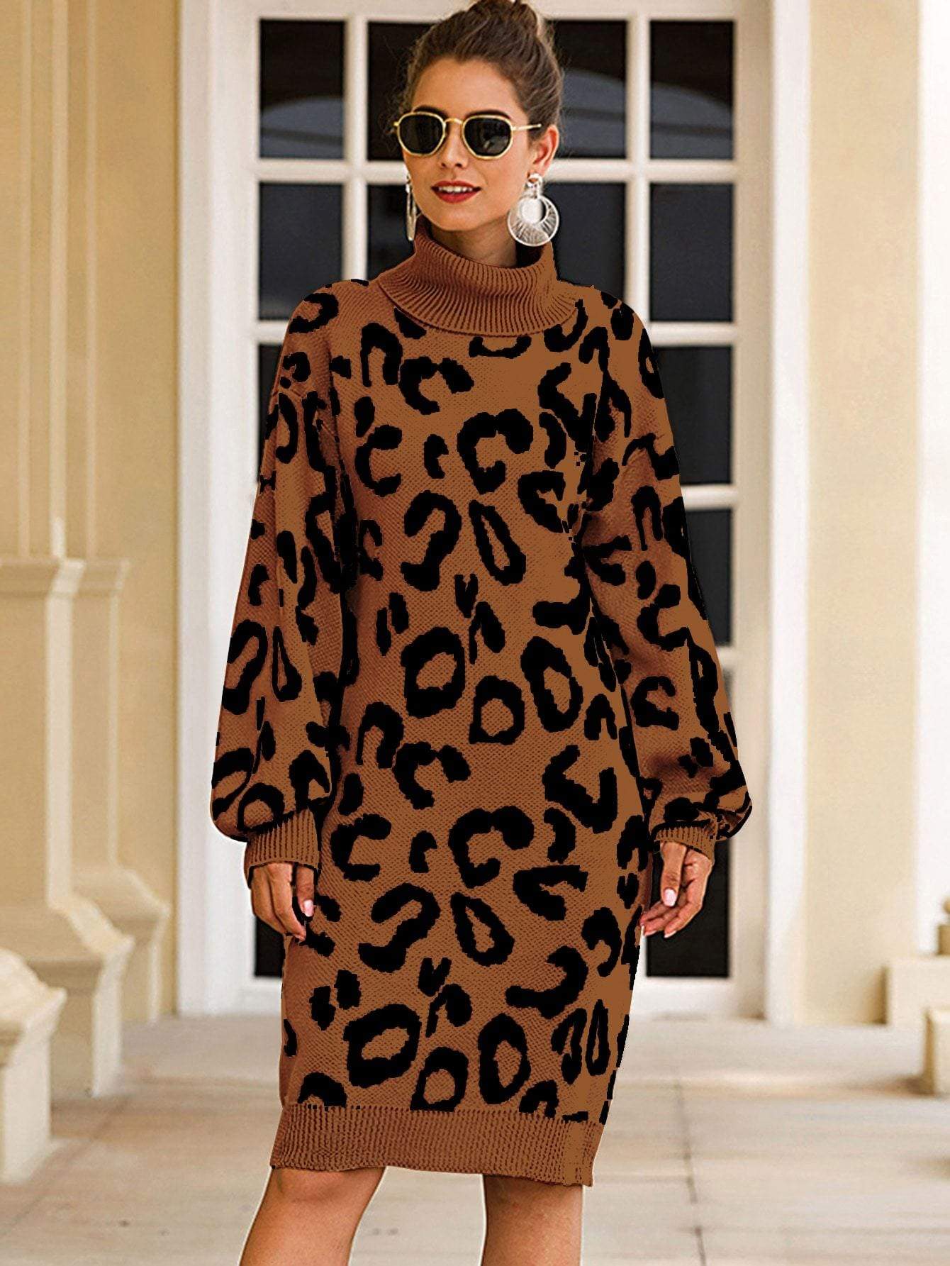 Haute Edition Women's Leopard Print Thick Knit Turtleneck Balloon Sleeve Sweater Dress Daily Haute