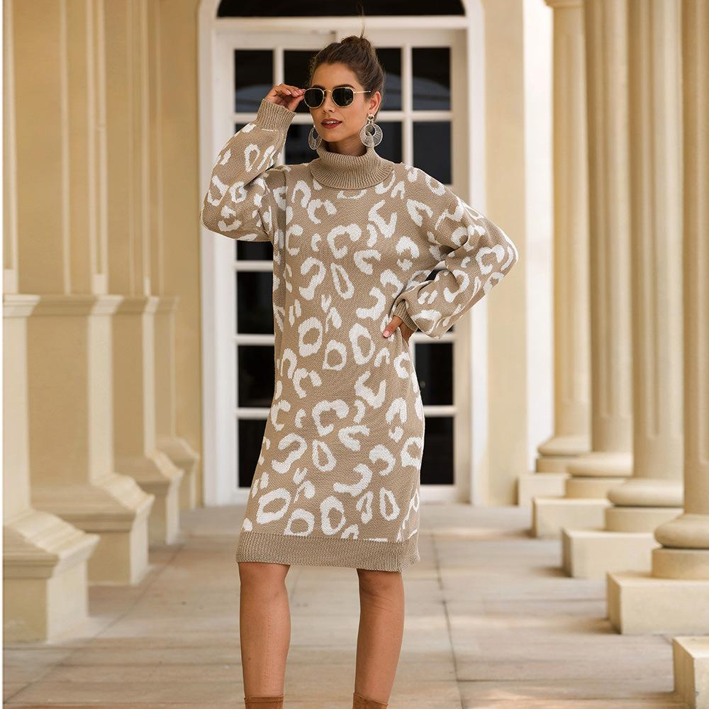 Haute Edition Women's Leopard Print Thick Knit Turtleneck Balloon Sleeve Sweater Dress Daily Haute