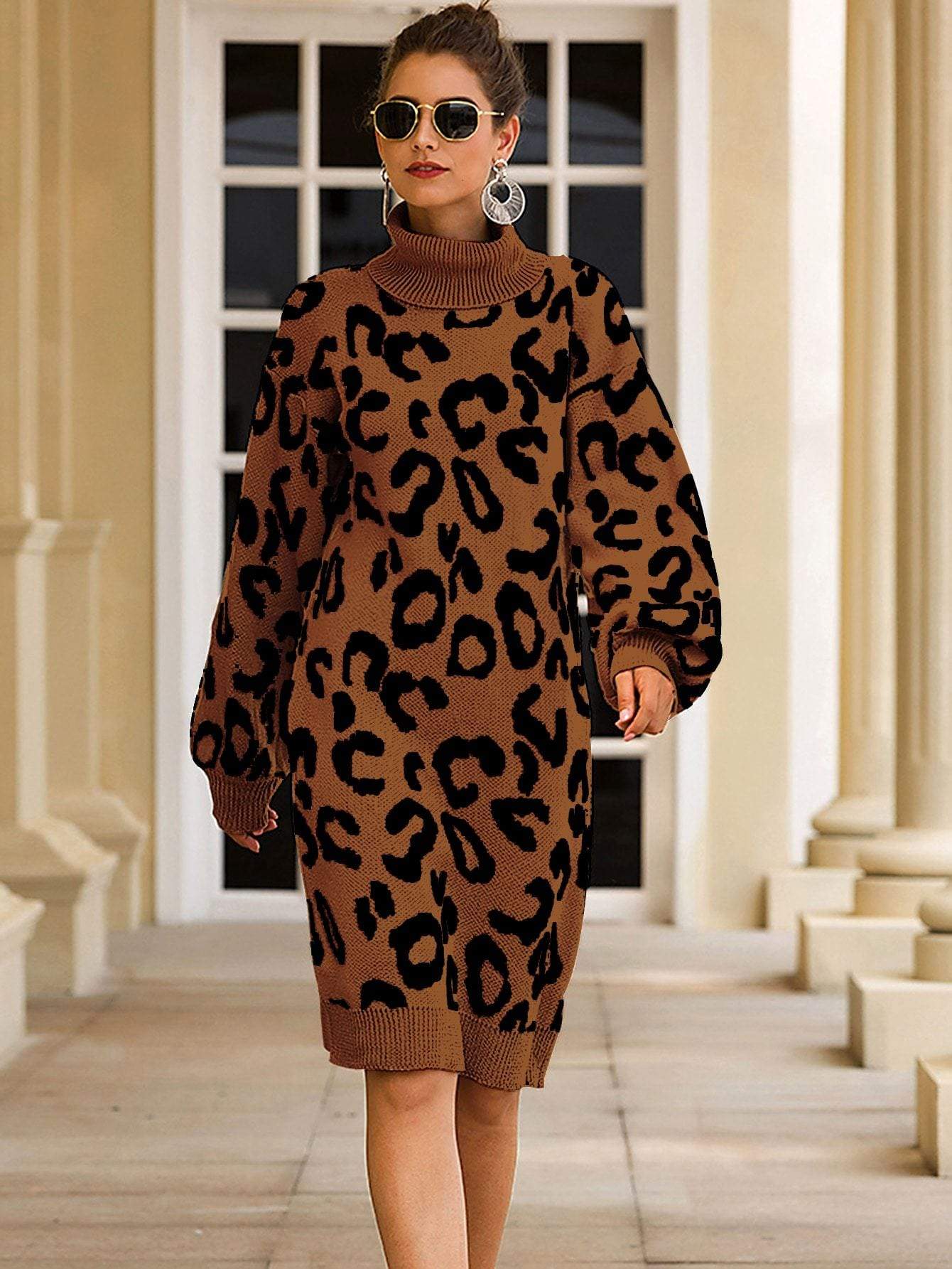 Haute Edition Women's Leopard Print Thick Knit Turtleneck Balloon Sleeve Sweater Dress Daily Haute