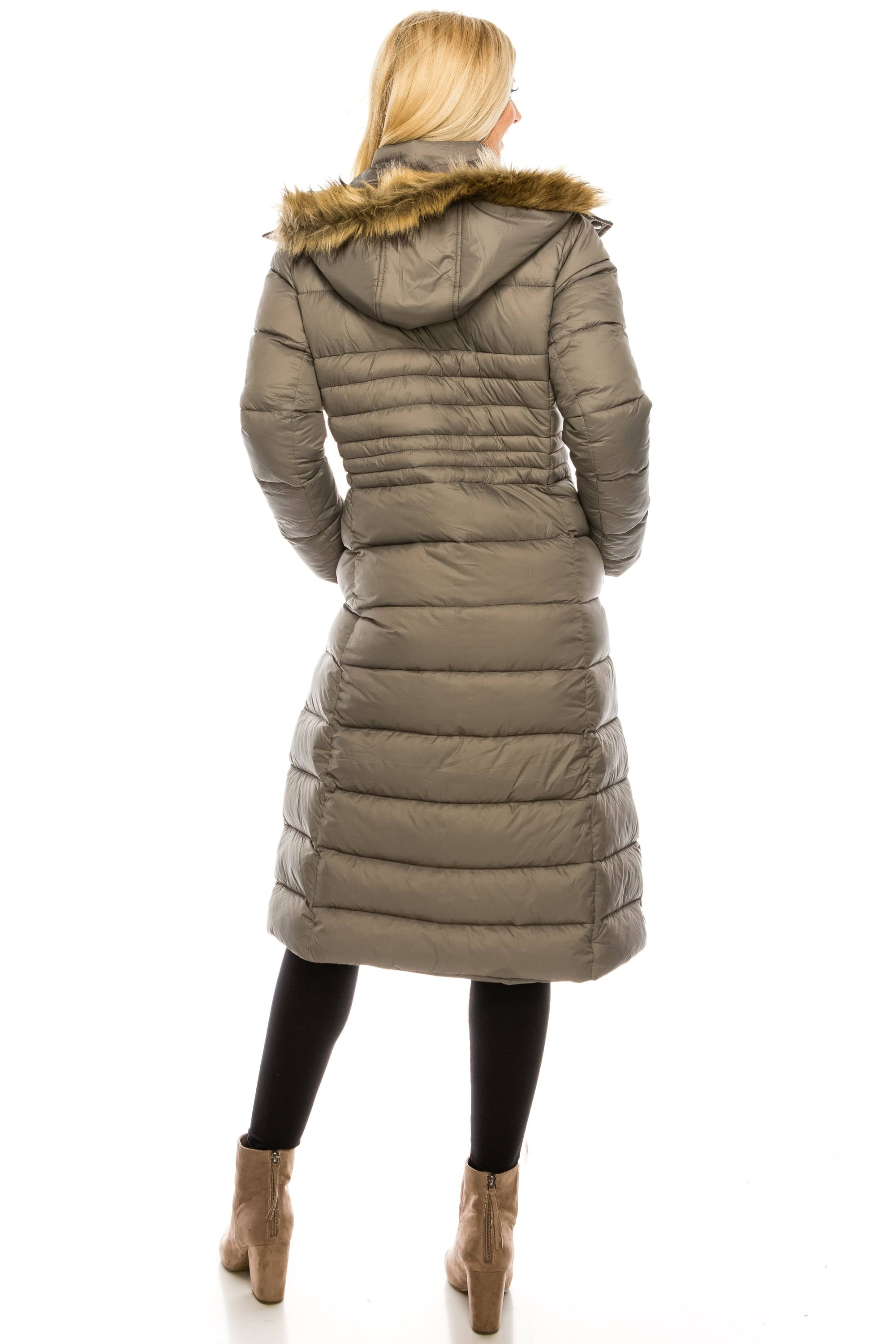 Haute Edition Women's Maxi Length Quilted Puffer with Fur Lined Hood