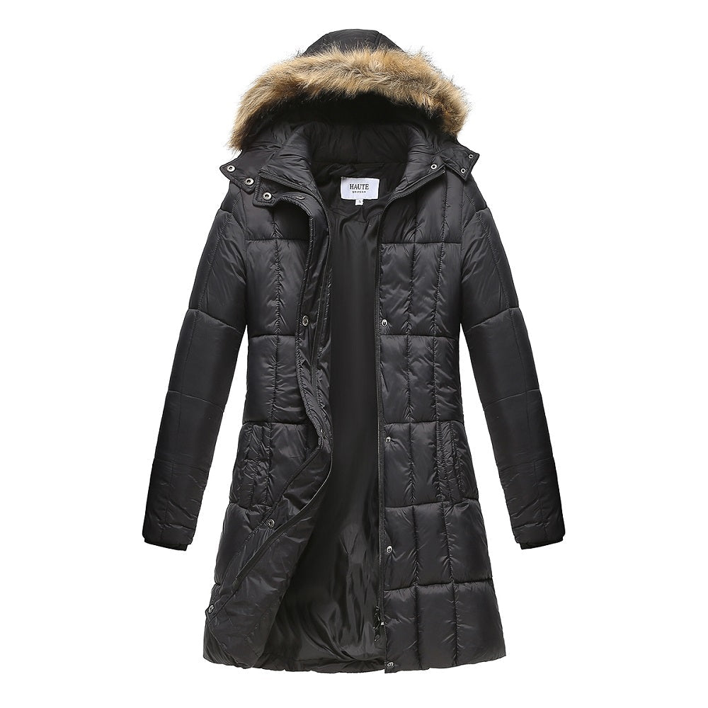 Haute Edition Women's Mid-Length Puffer Parka Coat with Faux Fur-lined Hood Daily Haute