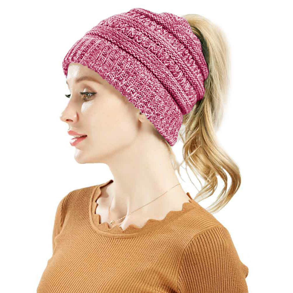 Haute Edition Women's Ponytail Messy Bun Textured Knit Beanie Daily Haute