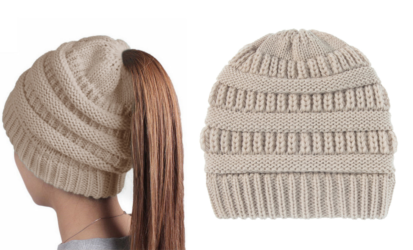 Haute Edition Women's Ponytail Messy Bun Textured Knit Beanie Daily Haute