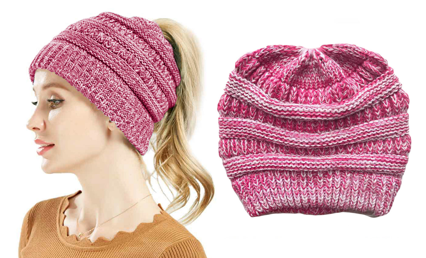 Haute Edition Women's Ponytail Messy Bun Textured Knit Beanie Daily Haute