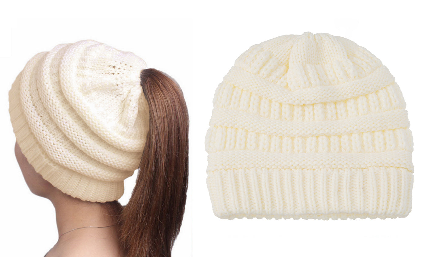 Haute Edition Women's Ponytail Messy Bun Textured Knit Beanie Daily Haute