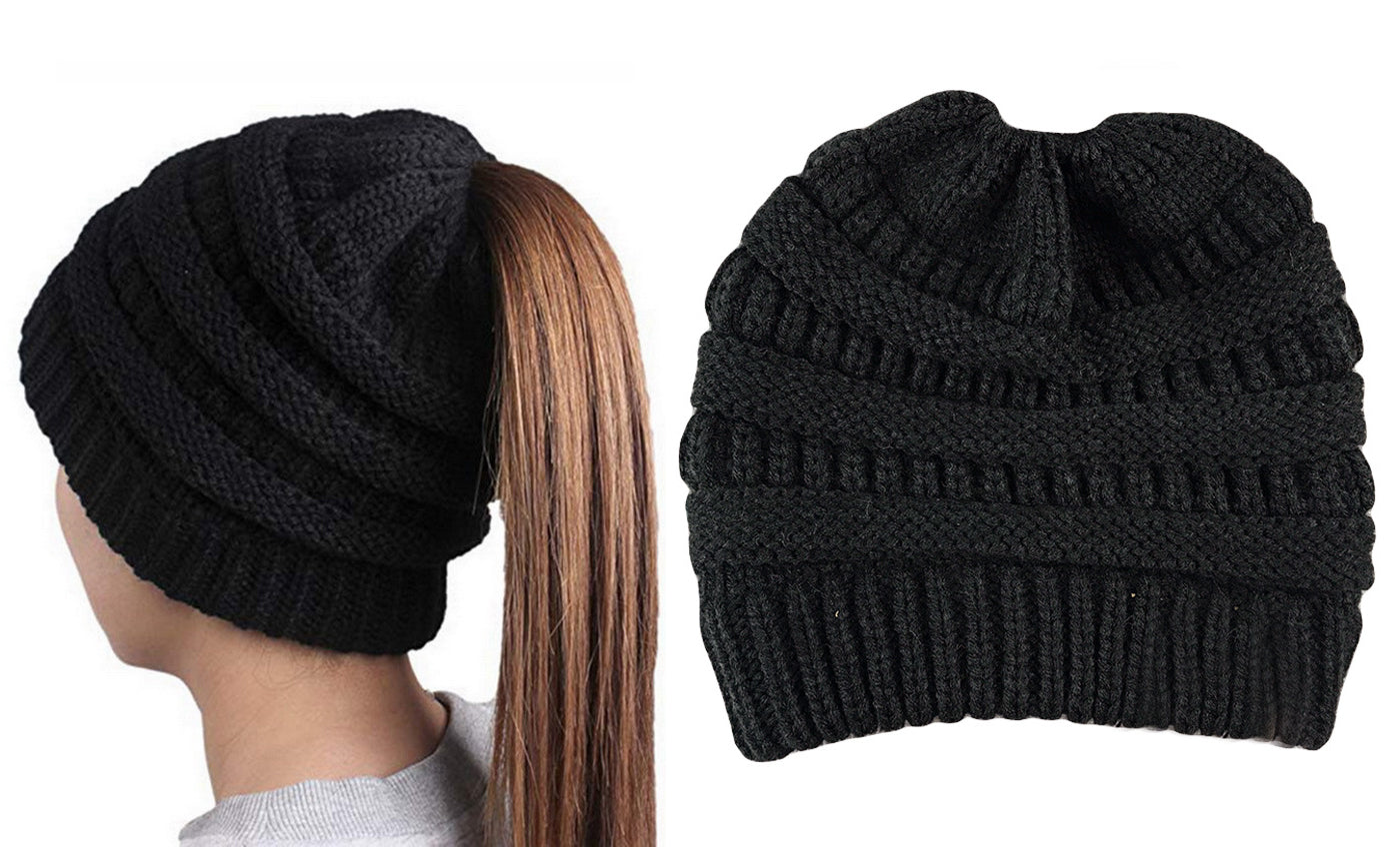 Haute Edition Women's Ponytail Messy Bun Textured Knit Beanie Daily Haute