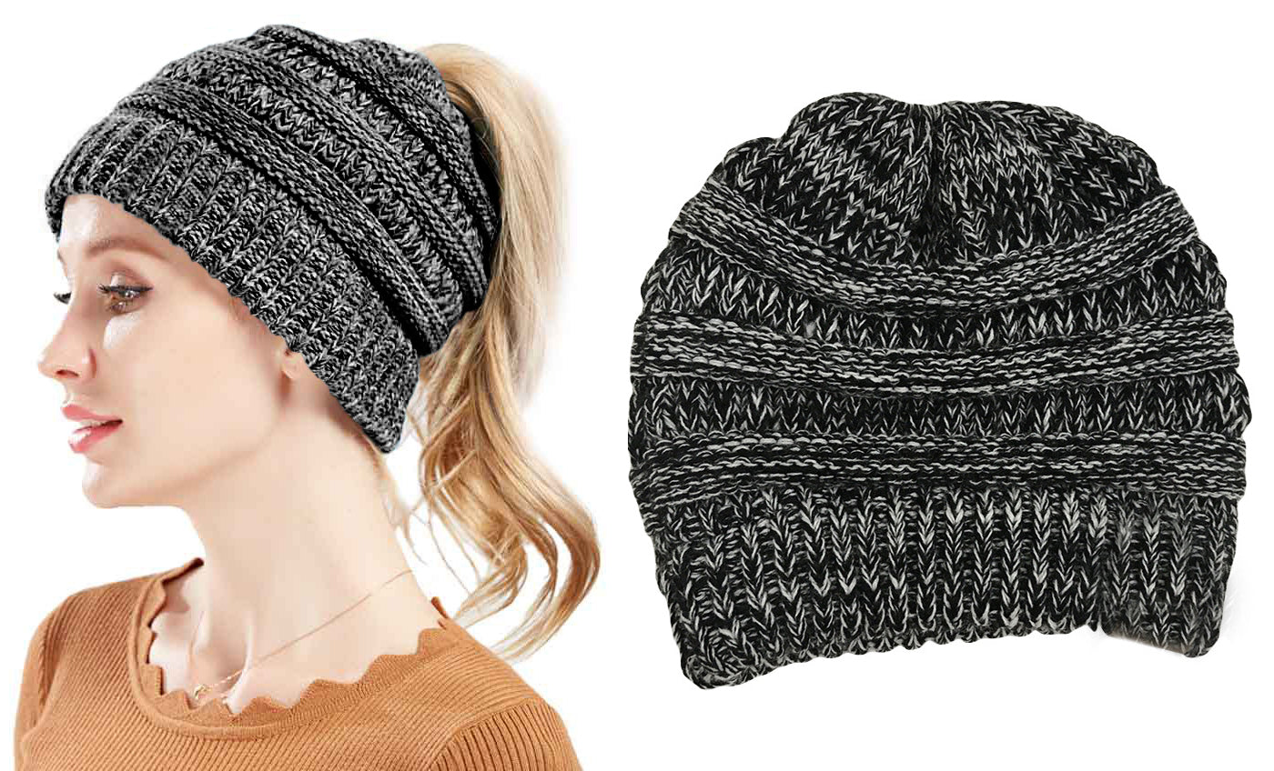 Haute Edition Women's Ponytail Messy Bun Textured Knit Beanie Daily Haute