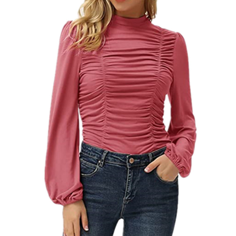 Haute Edition Women's Puff Sleeve Ruched Fitted Turtleneck Top Daily Haute